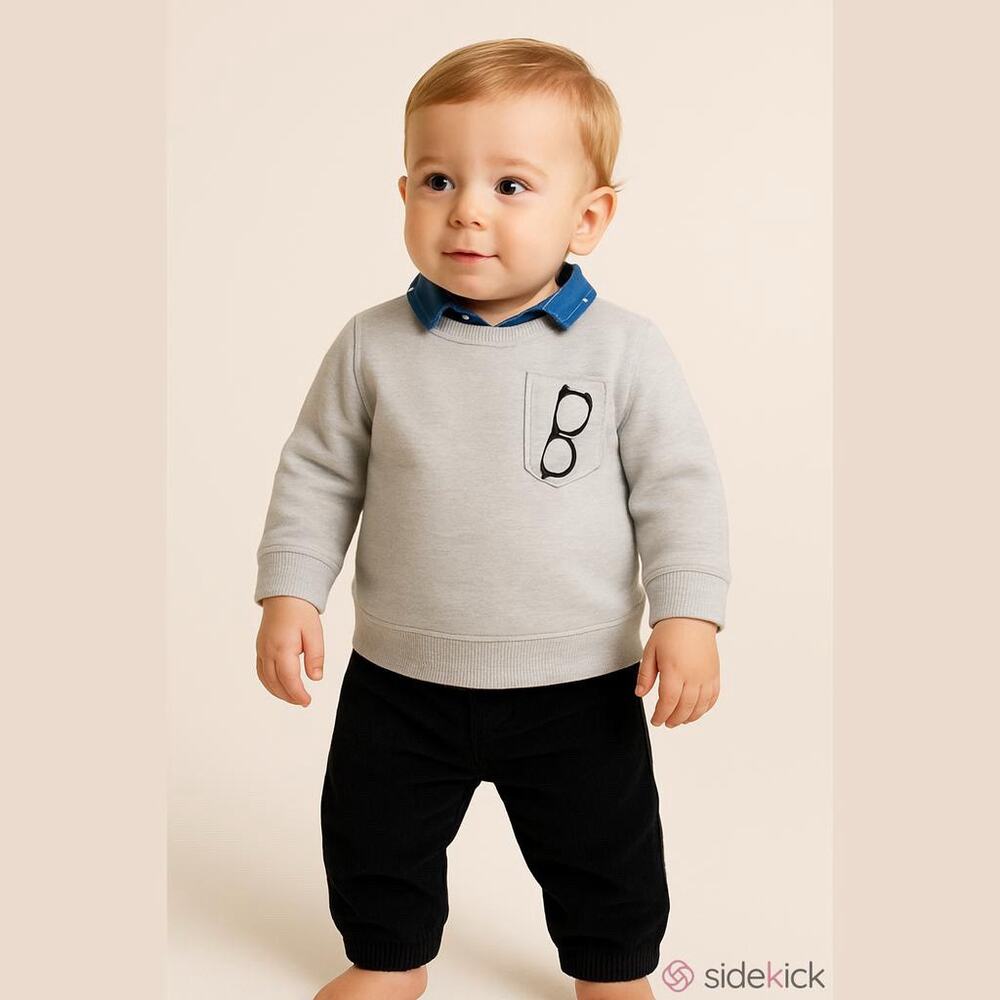 Children's Place Boys Outfit Size 6-9 Mo Nerd Sweatshirt Pants‎ Cords Gray Black